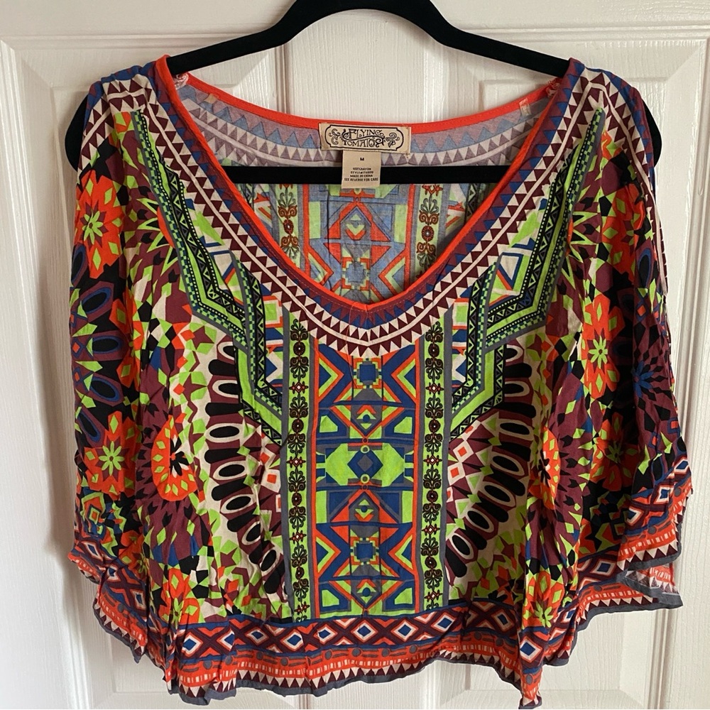 Flying Tomato Vibrant Ethnic Print Boxy Batwing Cold Shoulder Top Medium